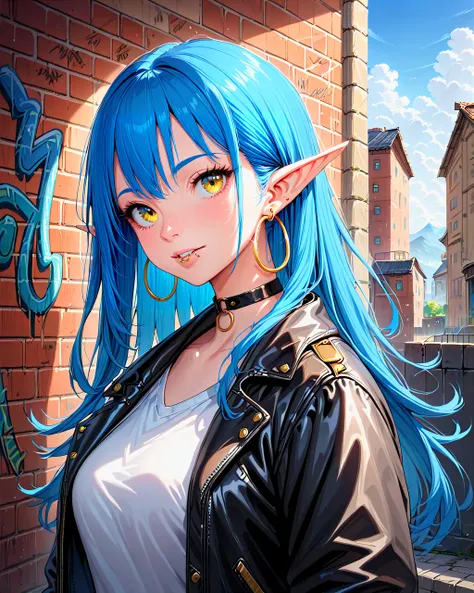 score_9,score_8_up, score_7_up, elf woman with blue hair, upper body, choker, black leather jacket, white t-shirt, hoop earrings, lip ring, long hair, yellow eyes, graffiti wall <lora:EnpitAnimePony:1>