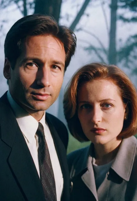 analog film photo XFiles, Mulder and Scully, closeup, back light, fog, eerie light . faded film, desaturated, 35mm photo, grainy, vignette, vintage, Kodachrome, Lomography, stained, highly detailed, found footage