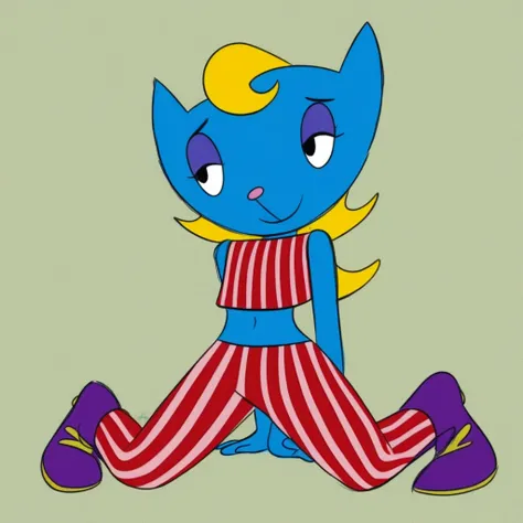 1girl, anthro, furry, katy kat, feline, blue fur, blonde hair, midriff, crop top, blue top, red and white striped pants, purple hightop shoes