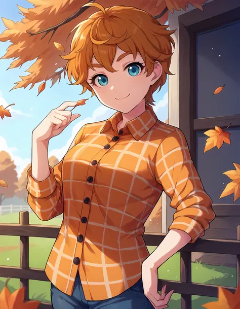 score_9,score_8_up,score_7_up,1girl,solo,cowboy shot,looking at viewer,smile,closed mouth,outdoors,autumn,
<lora:cathygraham_ponyXLV6:0.8>,cgcg,short hair,orange hair,blue eyes,checkered shirt