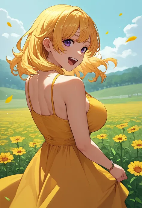 score_9, score_8_up, score_7_up, source_anime, from behind, solo, 1girl, rwbyyangs1, happy, open mouth, looking back, upper teeth, yellow sundress, bare shoulders, large breasts, outdoors, flower field <lora:rwby_yangxiaolongS1_ponyXL:1>