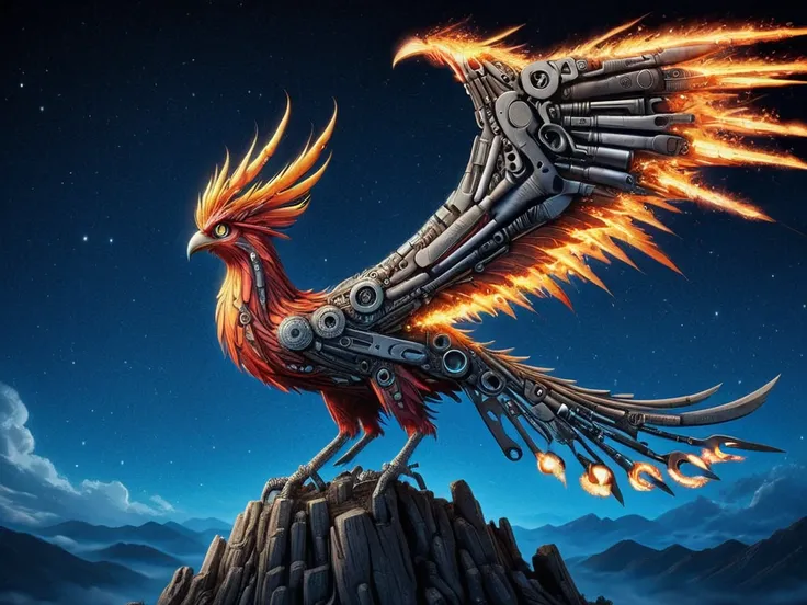 a anime fire phoenix standing on a rock made of tools , deep shadow, star (sky) <lora:tools-world-morph:1>