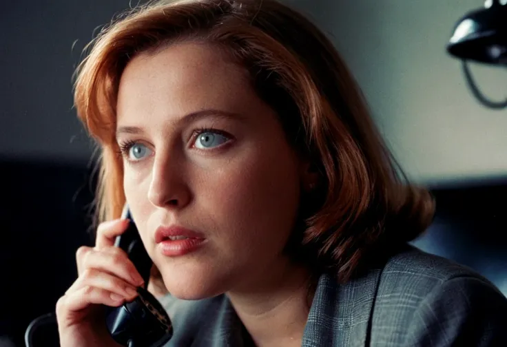 analog film photo ((Scully closeup)), XFiles, indoors, vintage telephone, back light . faded film, desaturated, 35mm photo, grainy, vignette, vintage, Kodachrome, Lomography, stained, highly detailed, found footage