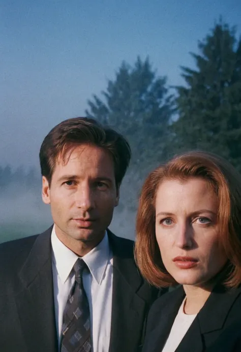 analog film photo XFiles, Mulder and Scully, closeup, back light, fog, eerie light . faded film, desaturated, 35mm photo, grainy, vignette, vintage, Kodachrome, Lomography, stained, highly detailed, found footage