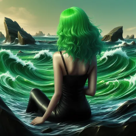 gradient, rock, high heels, teeth, green hair, waves, sky, 1girl, water, painting (medium)