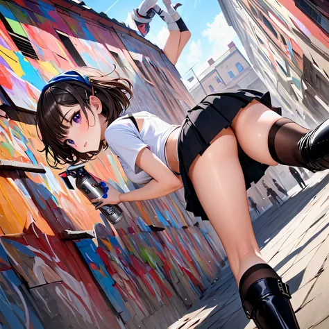 masterpiece 2.5d rendering, adorable 25 year old petite brunette coed artist with her back to the camera, (holding a can of spray paint in hand:1.1), edgy short wavy bob haircut, flirty mini skirt, stockings, crop top shirt, knee high boots, sexy tattoos, ...