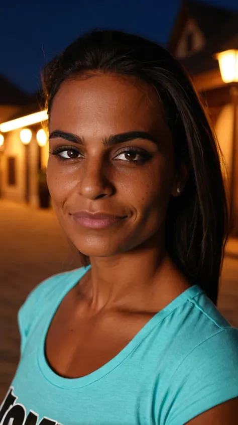 portrait photo, 18yo arabian woman, perfect face, posing, soft lit, seductive smirk, highly detailed, (freckles:0.3), (background town), (snub nose), shirt