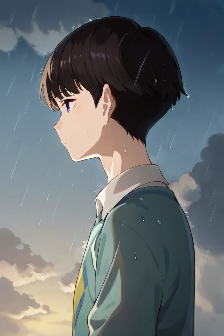 score_9,score_8_up,score_7_up,source_anime,1boy, solo,noppo,black hair, blue eyes, bangs,short hair,sweater,collared shirt,argyle, from side, rain,raining, sky, cloud, upper body,standing,looking down<lora:EMS-423735-EMS:1.000000>