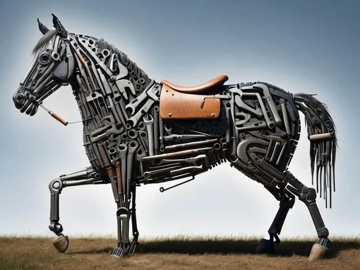 a horse in a field made of tools , deep shadow <lora:tools-world-morph:0.8>