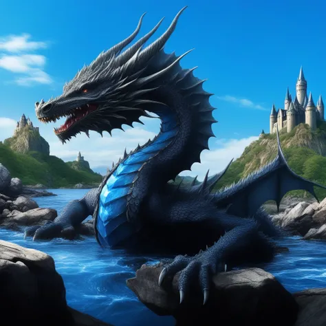 rock, day, water, gem, sharp teeth, looking at viewer, dragon, castle, blue sky, scenery