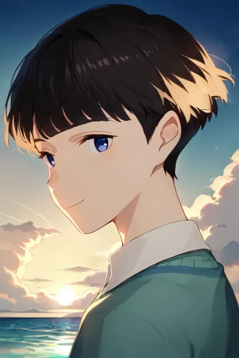 score_9,score_8_up,score_7_up,source_anime,1boy, solo,noppo,black hair, blue eyes, bangs,short hair,sweater,collared shirt,argyle,close-up,looking_at_viewer, sea, smile, light rays, sky, cloud, reflection, from side<lora:EMS-423735-EMS:1.000000>