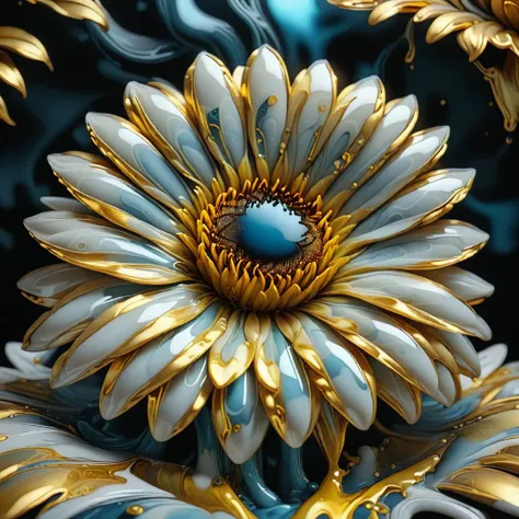 Liquid Marble, Golden Sunflower, intricate, detailed, ultrarealistic