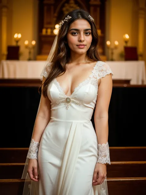 RAW photograph,  tv_Maria_Patel_MXAI
BREAK
, clever expression, wearing an ornate wedding dress, elegant makeup, pink lips, standing by the altar, ornately detailed glass mosaic in the background, ((full body shot)),
 BREAK, 8k uhd, dslr, soft lighting, hi...