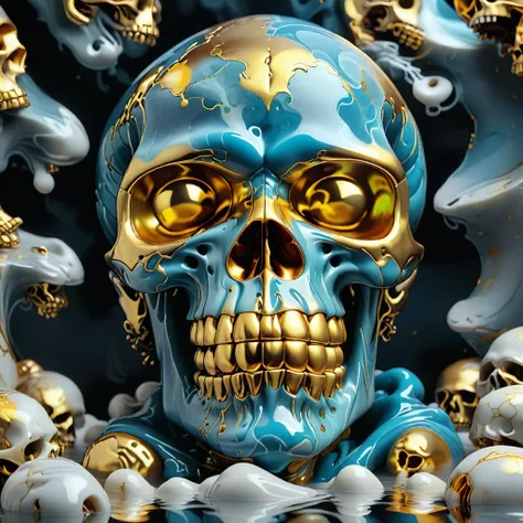 Liquid Marble, Golden Skull, detailed, ultrarealistic