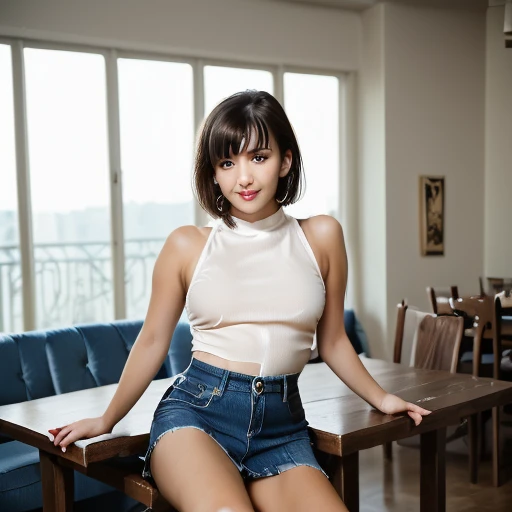 denim shorts, brown eyes, table, small breasts, skirt, tongue, 1boy, breasts, short hair, sitting, bangs, indoors, short shorts