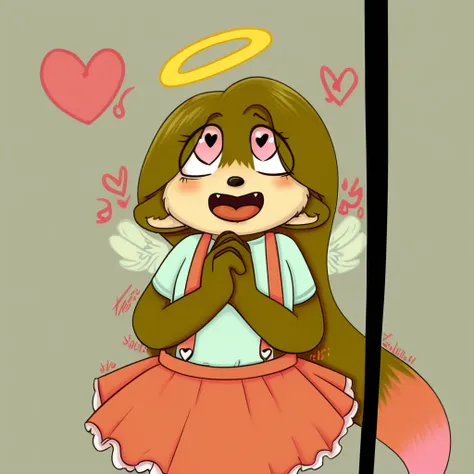 halo, heart, skirt, simple background, looking up, v, suspenders, open mouth, own hands together, swing, furry