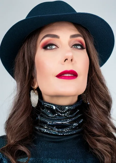 a captivating masterpiece of a woman, (((dressed in a western outfit with turtleneck, hat))), ((upper body)), face, The intricate lace and silver details exude a very rebellious aura. ((The use of high-shine gloss adds a touch of glamour to the look)), ((w...