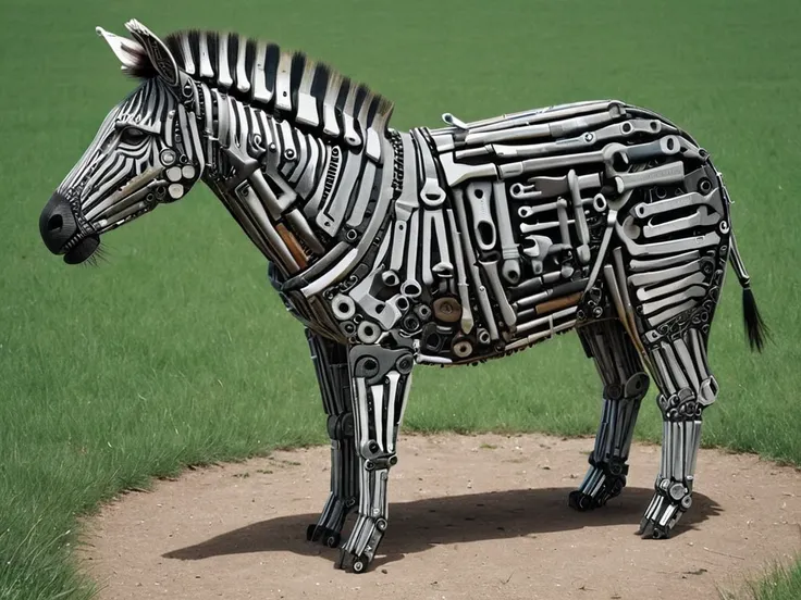 a zebra in a field made out of tools <lora:tools-world-morph:1>