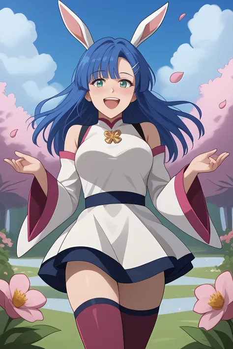 Luna has long, straight, blue hair with hime cut bangs. She has a small orb-looking hairclip on the right side which clips a small part of her hair. Her eyes are teal in color. She has long rabbit ears on her head. She is seen wearing a short white dress w...