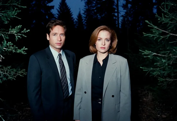 analog film photo XFiles, ((Mulder and Scully)), back light, eerie light, outdoors, forest, pine trees, night, closeup . faded film, desaturated, 35mm photo, grainy, vignette, vintage, Kodachrome, Lomography, stained, highly detailed, found footage