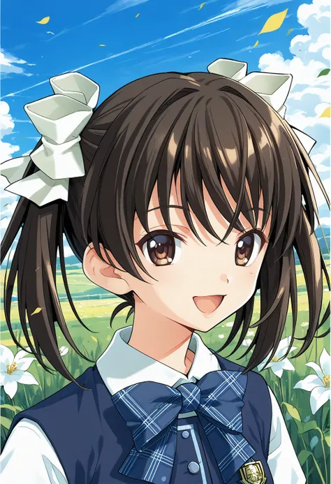 1girl, solo, (field:1.2), (sky:1.2), smile, open mouth, 
ever17_sara, brown eyes, brown hair, short twintails, hair ribbon, bowtie, school uniform, vest, puffy short sleeves, plaid bow, skirt, plaid skirt, pleated skirt, <lora:ever17_sara_pony_ver2:0.8>, s...