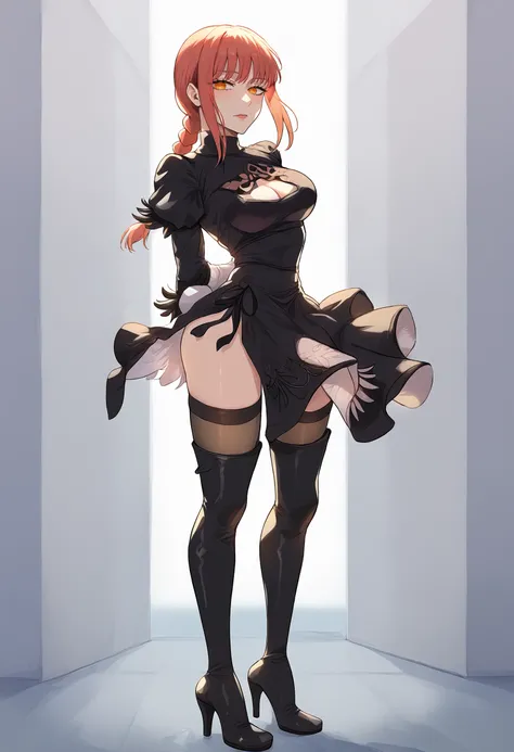 <lora:x style:1>, <lora:2b_outfit-000014:1>, 2b_outfit, full body, 1girl, solo, arms behind back,  makima (chainsaw man), skinny, large breasts,  arched back,  standing, dress, black dress, feather-trimmed sleeves, cleavage cutout,  thigh boots , lace trim...