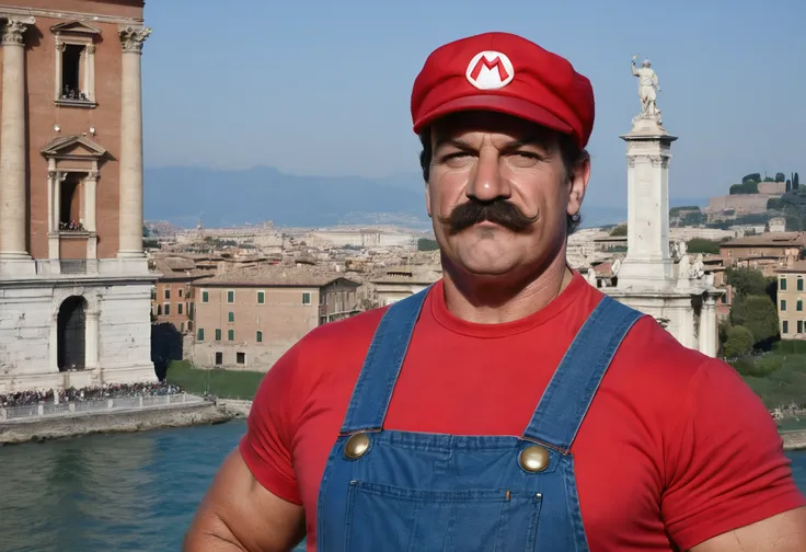 Mario in Italy, red shirt, blue overalls, red cap, manly, muscular, posing, mustache, Italy, Rome, photograph, upper body, solo, fat man