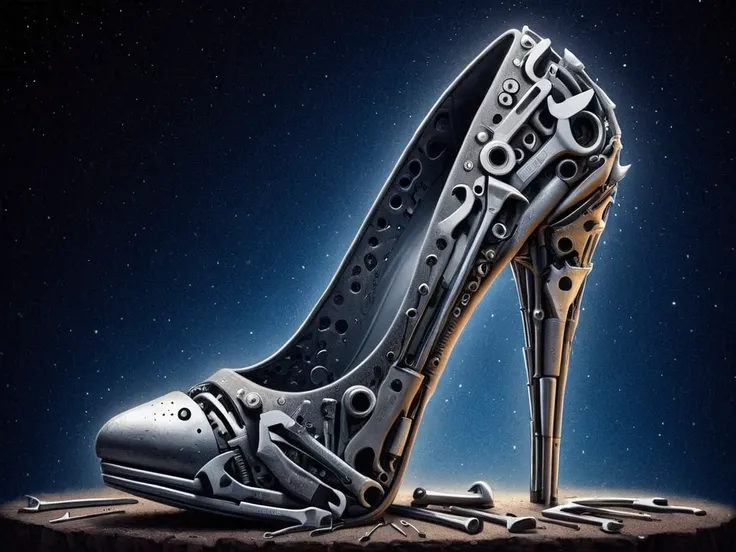 a close up of high heels made of tools , deep shadow, star (sky) <lora:tools-world-morph:0.8>