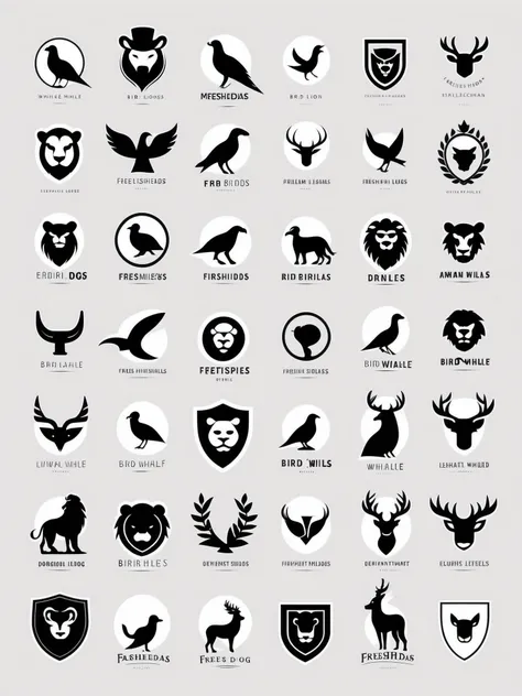 FRESHIDEAS logo COLLECTION Animal Logo Black  and  White Logo Design Bird Lion Man in Hat Shield  and  Deer Dragon Whale Lion Dog Leaf Gorilla Standing Bird Owl Elephant Bird Dog Dog Peacock English Text Highest Quality (Minimalist Style Good Negative Spac...