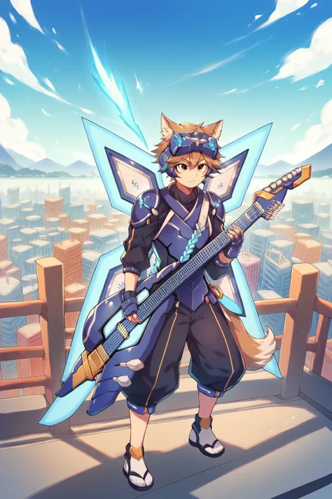 score_9, score_8_up, score_7_up, score_6_up, 1boy, solo, arashi, Black pants, black shirt, armor, shoulder pads, blue headgear, fingerless gloves, mechanical wings, split toe shoes, full body, standing, cityscape, holding guitar<lora:EMS-423842-EMS:0.80000...