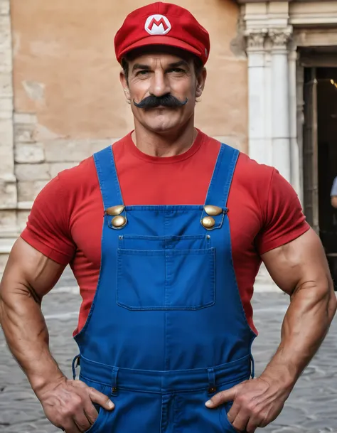 Mario in Italy, red shirt, blue overalls, red cap, manly, muscular, posing, mustache, Italy, Rome, photograph, upper body, solo