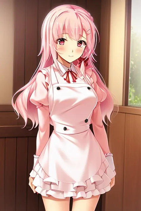 (masterpiece), score_9, score_8_up, score_7_up, 1girl, high definition, high resolution, detailed, 4k, best quality, expressive eyes, perfect face, pink eyes, pink hair, 1girl, YuusakiKanon, maid uniform, standing, hair clip, slight smile, medium breasts, ...