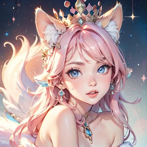 masterpiece, realistic, 32KUHD, Ultra HD, cat, purrely, cute, Fantasy creature, soft cream fur, pink and blue ears, fluffy tail, crown on head, puffy chest, dreamy background with stars and sparkles.