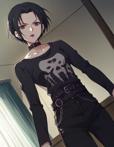 score_9, score_8_up, score_7_up, source_anime, <lora:goldentime-nana-s1-ponyxl-lora-nochekaiser:1> nana, short hair, black hair, jewelry, purple eyes, makeup, lipstick, small breasts,, jewelry, earrings, choker, belt, collar, collarbone, long sleeves, blac...