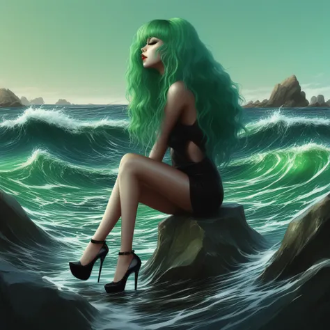 gradient, rock, high heels, teeth, green hair, waves, sky, 1girl, water, painting (medium)