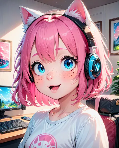 score_9,score_8_up, score_7_up, photograph of a cute gamer girl, pale skin, pink hair, medium hair, freckles, headphones, cat ears <lora:EnpitAnimePony:1>