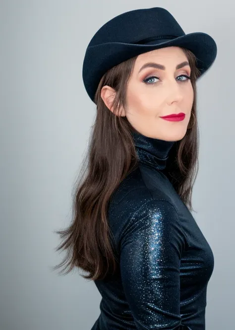 a captivating masterpiece of a woman, (((dressed in a western outfit with turtleneck, hat))), ((upper body)), face, The intricate lace and silver details exude a very rebellious aura. ((The use of high-shine gloss adds a touch of glamour to the look)), ((w...