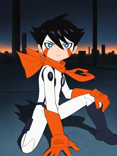 1boy,black hair,solo,orange scarf,orange gloves,looking at viewer, short hair,skinny,white costume,score 6 up,score 7 up, score 8 up,outdoor <lora:chiro:0.8>,facial mark, chiro,blue eyes,city,closed mouth,bodysuit,hand on ground,on one knee,