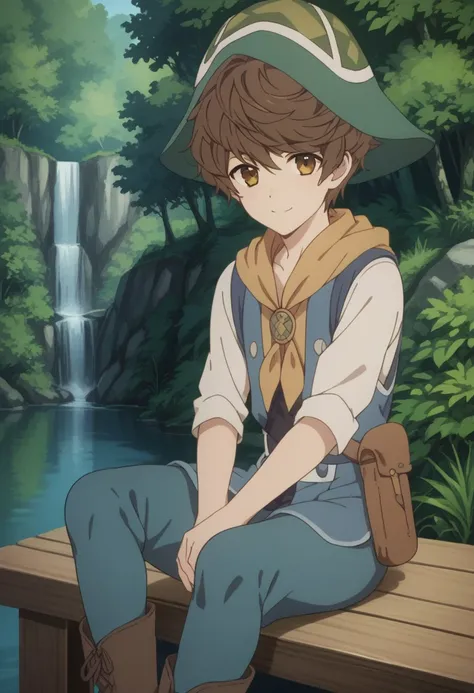 score_9, score_8_up, score_7_up, source_anime, highly detailed, 
mamoru, brown hair, solo, smile, hat, brown eyes, looking at viewer, 1boy, closed mouth, outdoors, short hair, male focus, tree, blue headwear, nature, green headwear, day, pantyhose, boots
o...