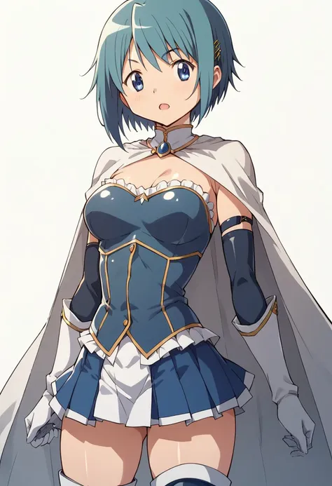 score_9, score_8_up, score_7_up, score_6_up, score_5_up, score_4_up, masterpiece, anime_lineart anime coloring, solo, big thighs, thin waist, medium breasts, White background, Sayaka Miki, Blue hair, blue eyes, Short hair, magical girl, Short skirt, cape