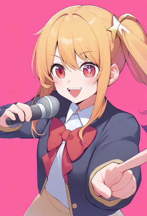 hoshino ruby,  
star-shaped pupils, sidelocks, long hair, holding, red bowtie, hair ornament, hair between eyes, symbol-shaped pupils, open mouth, holding microphone, star hair ornament, pointing, microphone, red eyes, pointing at viewer, black jacket, red...