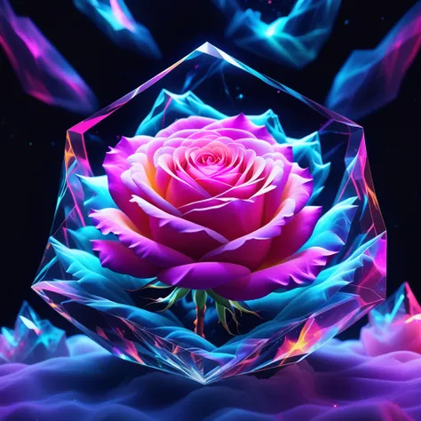 A ghost Rose trapped inside of a crystal floating in space, Wafting Nebula, vibrant neon colors and lights, blacklight style, photo, details, cinematic framing, novel composition, shimmering accents, clean lines, symmetry, 3D depth effect, liquid marble