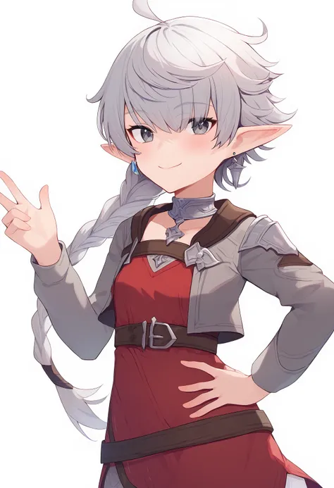 1girl, 
alisaie leveilleur,  
elezen, hand up, grey eyes, earrings, single braid, long hair, ahoge, blush, cowboy shot, neck ring, pointy ears, long sleeves, cropped legs, elf, jewelry, open jacket, closed mouth, simple background, open clothes, grey jacke...