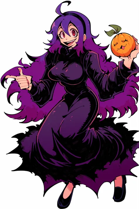 score_9, score_8_up, score_7_up, score_6_up, score_5_up, score_4_up, 1girl, breasts, solo, dress, long hair, hairband, ahoge, purple hair, large breasts, smile, white background, full body, holding, open mouth, simple background, black footwear, looking at...