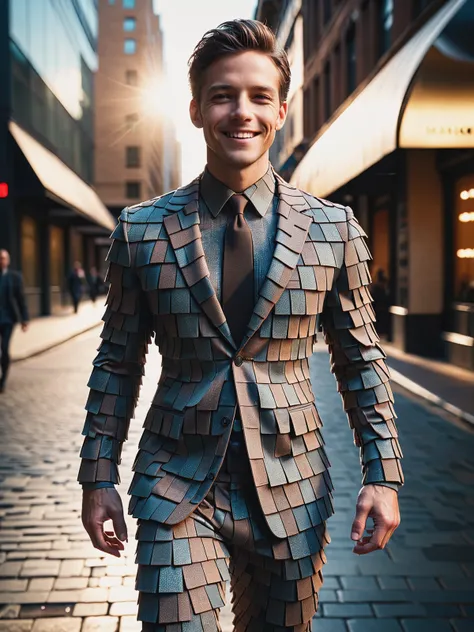 man wearing a  mad-shingles suit walking through city, light smile, dynamic pose, cinematic shot, great lighting  <lora:Shingles_SDXL:0.8>, (masterpiece:1.2), best quality