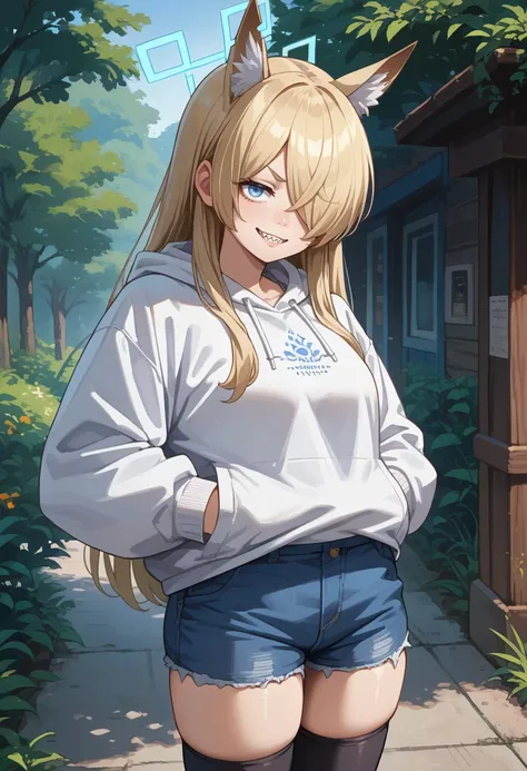 score_9, score_8_up, source_anime, 1girl, solo, KannaBA, animal ears, sharp teeth, long hair, hair over one eye, blue halo, white hoodie, denim shorts, black thighhighs, skindentation, hands in pockets, outdoors, smile, smug, <lora:ChamKannaBAPonyXL:1>