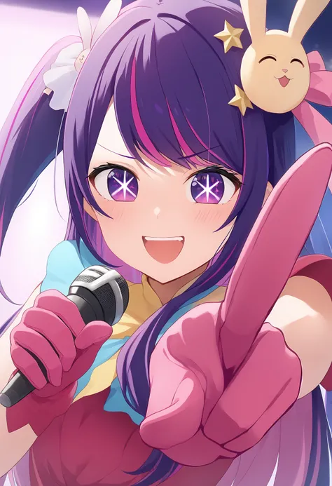 1girl, 
hoshino ai (oshi no ko),  
solo, star-shaped pupils, looking at viewer, sidelocks, purple hair, star hair ornament, star in eye, pink hair, upper body, multicolored hair, star (symbol), rabbit hair ornament, microphone, pointing at viewer, symbol-s...