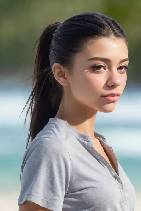 headshot of S472_RachelBrockman,a gorgeous woman,on a (beach:1.1),wearing a (henley-shirt),(hair-bun),(4k, RAW photo, best quality, 50mm, depth of field, ultra high res:1.1),(intricate, photorealistic, cinematic-shot, masterpiece, ultra-detailed:1.1),