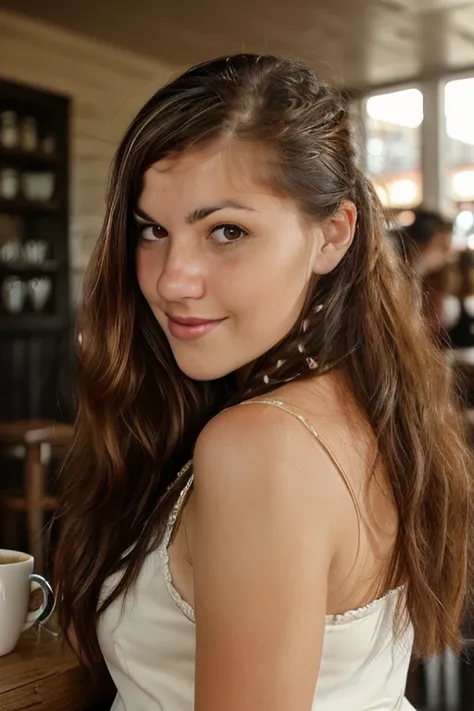 <lora:Susanne:0.8>, full color portrait of a young woman, having coffee at a vintage cafe, natural light, RAW photo, subject, 8k uhd, dslr, soft lighting, high quality, film grain, Fujifilm XT3