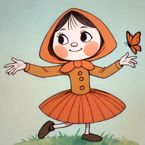 score_9, score_8_up, score_7_up BREAK Kordulka, 1girl, brown hair, black eyes, rosy cheeks, pink blush, orange hood headdress, long-sleeved light orange buttoned shirt, orange pleated skirt, brown shoes, happy, dancing between butterflies,